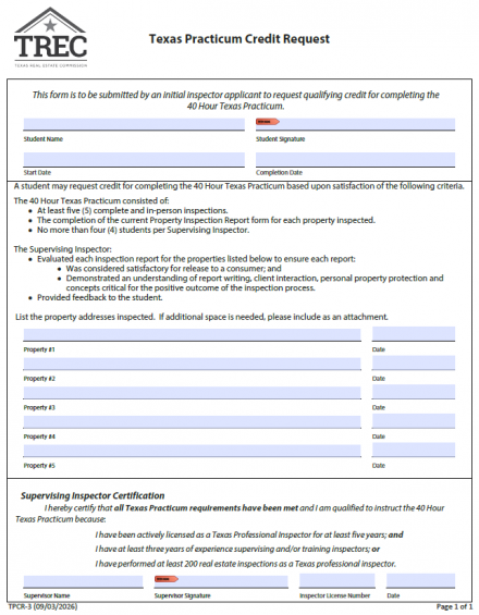 Texas Practicum Credit Request